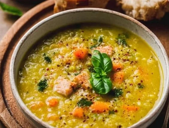 Bowl of homemade delicious classic split pea soup with fresh herbs