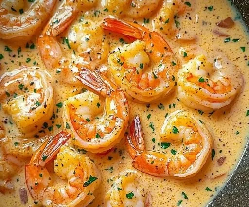 Plate of creamy garlic shrimp garnished with herbs and served with pasta.