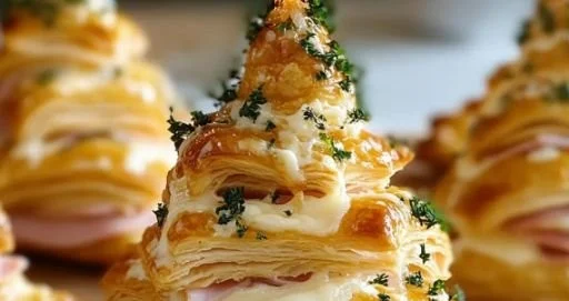 Ham and cheese puff pastry shaped like Christmas trees for holiday celebrations