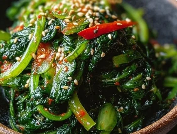 Delicious Korean spinach salad with sesame dressing and fresh vegetables