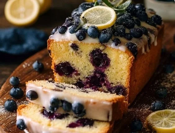 Delicious lemon blueberry cake topped with fresh blueberries and lemon zest