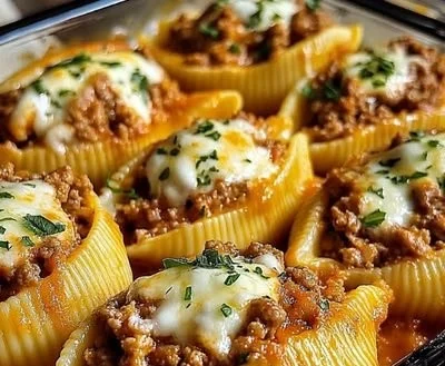 Plate of delicious ricotta beef stuffed shells topped with parmesan cheese.
