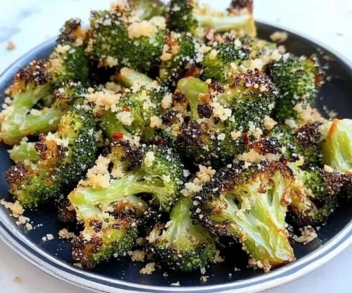 Plate of delicious roasted broccoli with lemon and garlic seasoning
