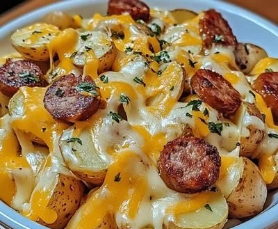 Cheesy ranch potatoes with smoked sausage served on a plate