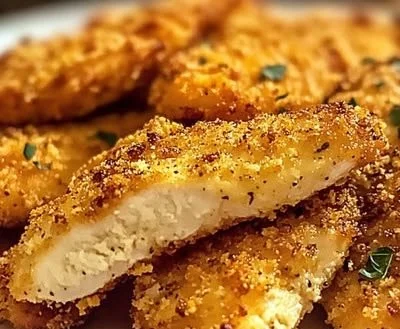 Crispy parmesan chicken tenders served with dipping sauce on a plate