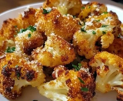A plate of crispy roasted cauliflower garnished with herbs and spices