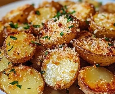 Delicious Parmesan Crusted Potatoes served on a plate