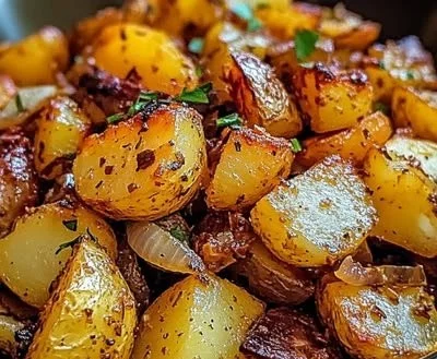Crispy oven fried potatoes and onions served on a plate