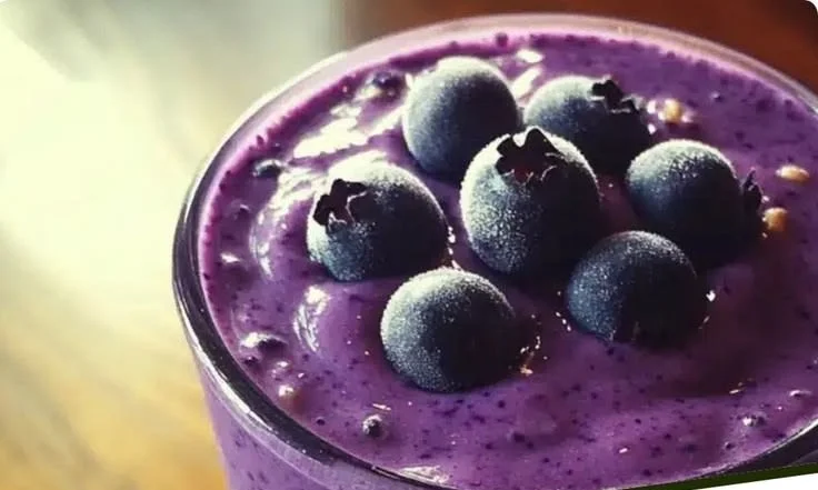 Blueberry oat smoothie in a glass with fresh blueberries and oats on the side.