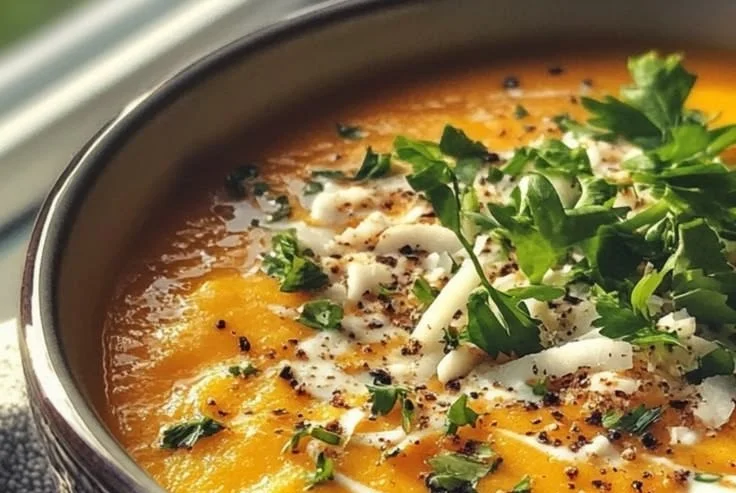 Bowl of easy creamy carrot ginger coconut soup garnished with herbs