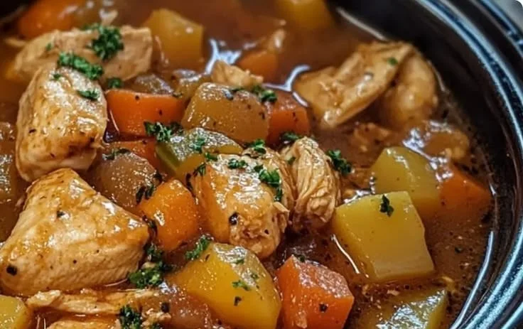Delicious crockpot chicken stew with vegetables prepared in a slow cooker