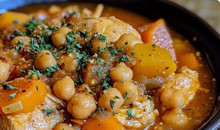 Bowl of easy Crockpot Chicken Chickpea Harvest Stew filled with vegetables.
