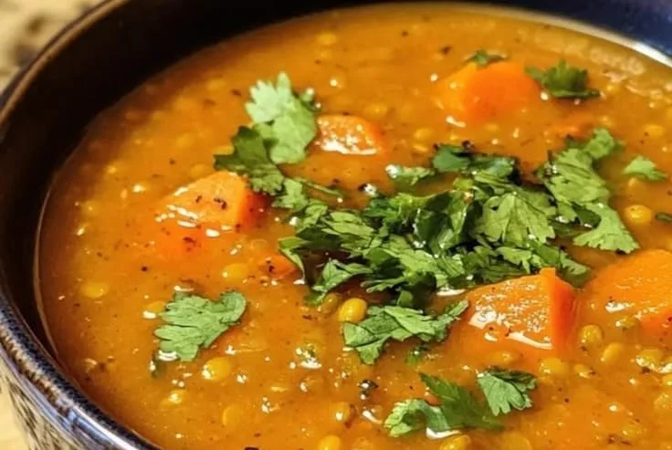 Bowl of easy curried carrot and lentil soup garnished with fresh herbs