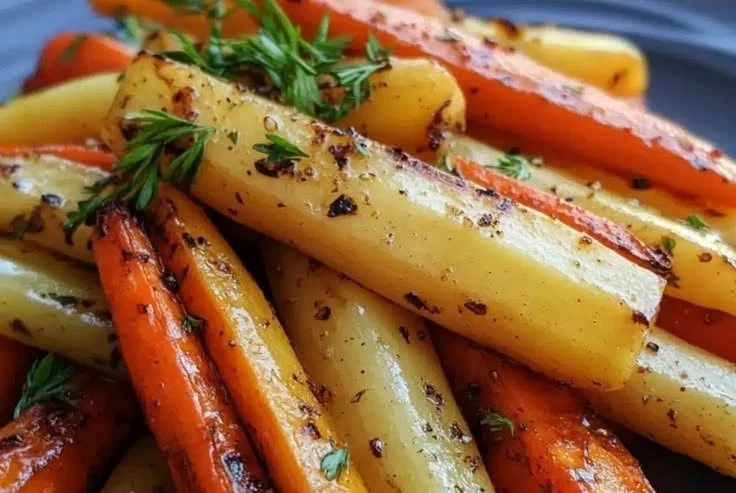 Maple glazed carrots and parsnips served on a festive Easter table.