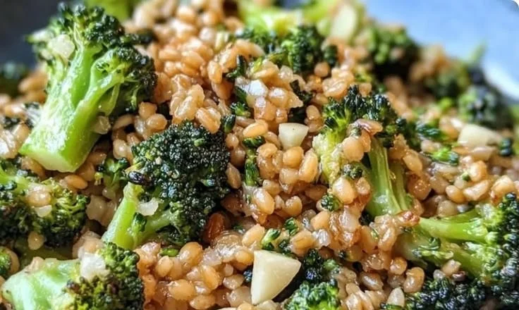 Easy herb garlic farro served with roasted broccoli on a plate.