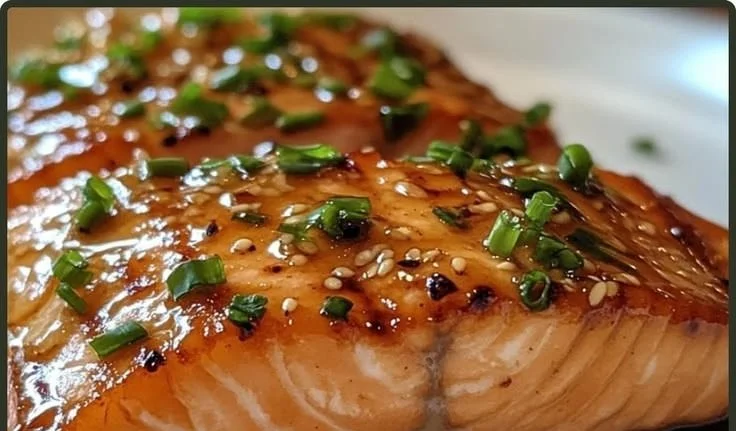 Miso honey glazed salmon served on a plate with vegetables and rice