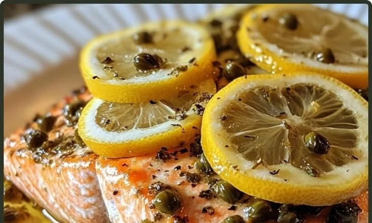 Baked salmon fillet topped with lemon and capers on a plate