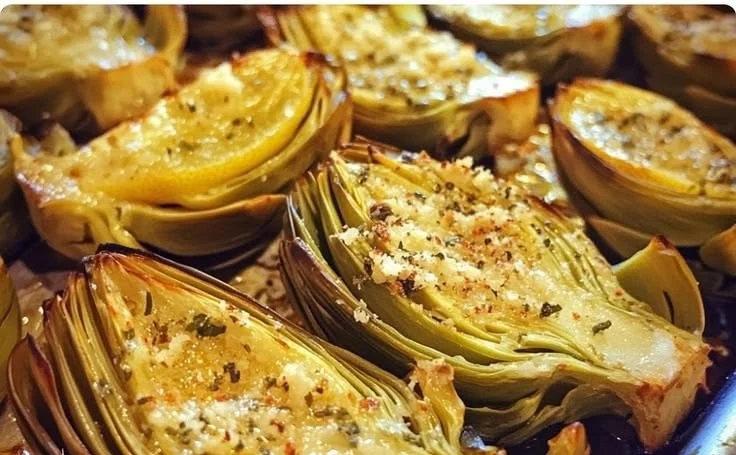 Lemon parmesan roasted artichokes on a plate, garnished and ready to serve.