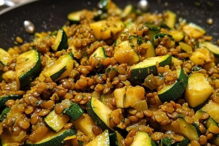 Easy Lentil Zucchini Skillet recipe in a colorful skillet filled with veggies.