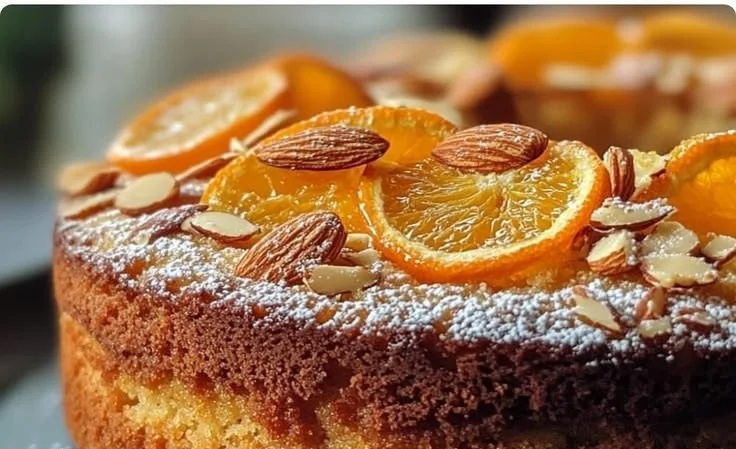 Delicious easy olive oil orange almond cake with vibrant orange slices and almonds.