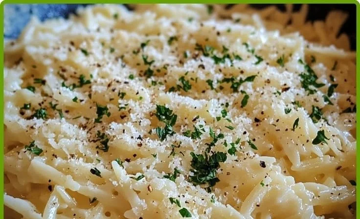 Delicious creamy garlic parmesan orzo served in a bowl