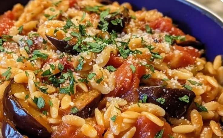 One-pot eggplant tomato orzo dish in a bowl