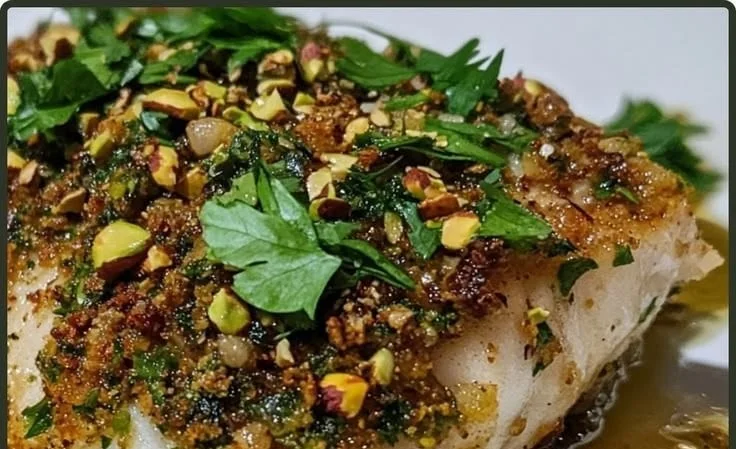 Pistachio crusted sea bass served with fresh vegetables and a crispy texture.