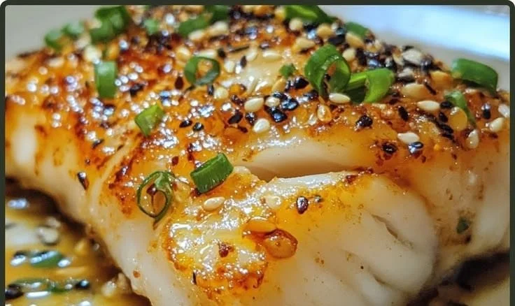 Baked cod fillet topped with sesame ginger sauce and garnished with green onions.