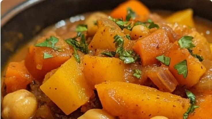 Bowl of Easy Slow Cooker Moroccan Chickpea & Vegetable Stew garnished with herbs