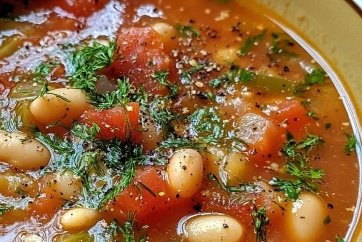 Bowl of Easy Smoky Tomato White Bean Fennel Soup garnished with herbs