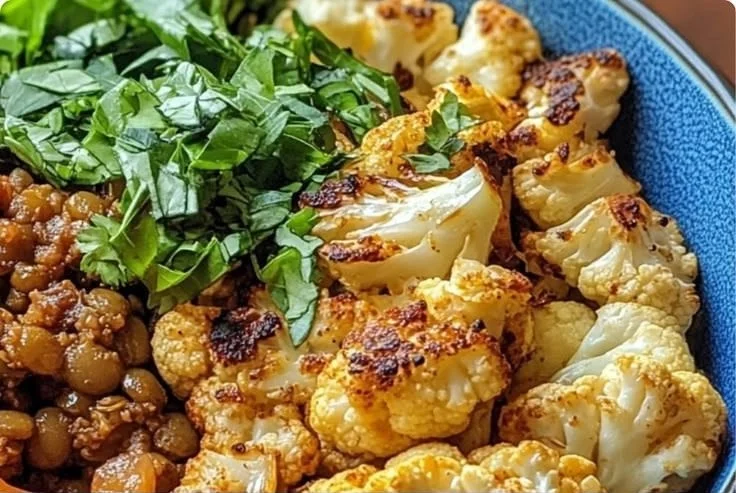 Easy spiced lentil bowl with roasted cauliflower for a healthy meal.