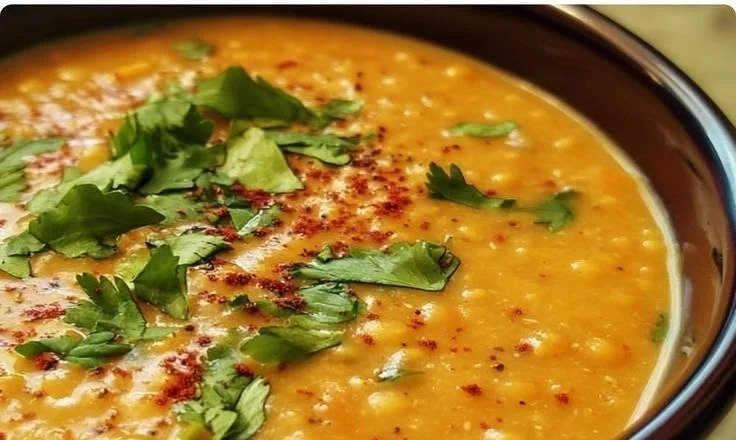 Bowl of easy spiced red lentil coconut soup garnished with herbs