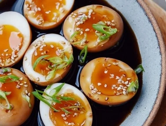 Delicious soy sauce eggs prepared for a tasty meal garnish
