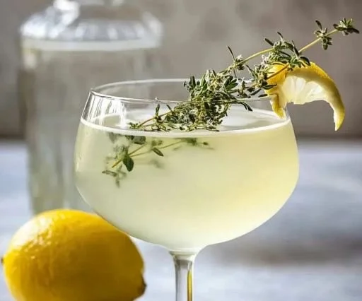 Elderflower Winter Gin cocktail garnished with herbs and flowers