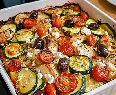 Mediterranean chicken zucchini bake topped with fresh herbs and vegetables