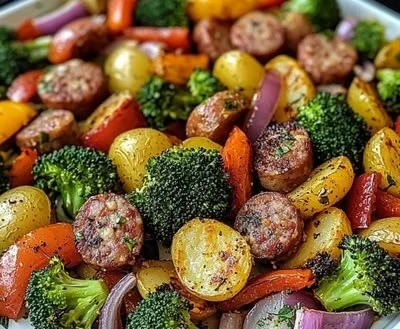 Roasted veggie and chicken sausage sheet with vibrant vegetables and sausages