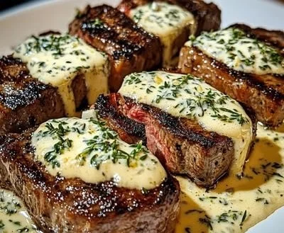 Creamy garlic sauce drizzled over grilled steak on a plate