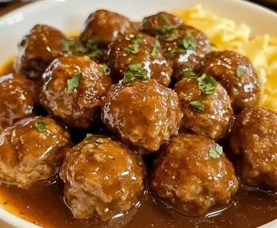 Plate of Crockpot Mississippi Meatballs served with sauce and herbs