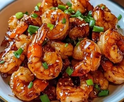 Plate of flavorful firecracker shrimp garnished and ready to serve