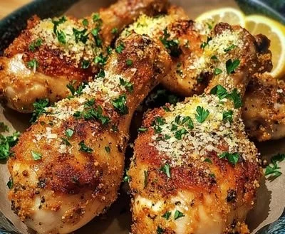 Garlic parmesan chicken drumsticks on a plate with herbs and spices