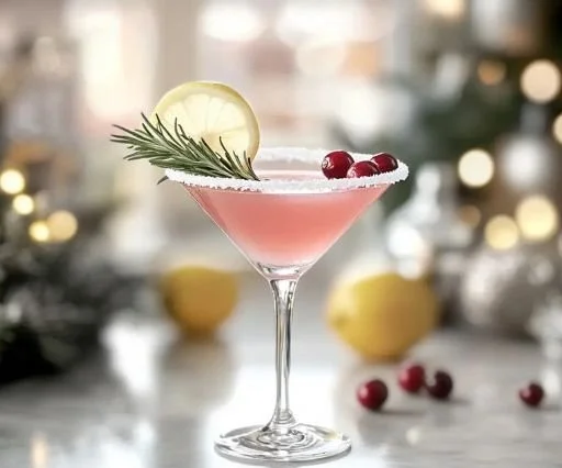 Festive holiday lemon drop cocktail garnished with a lemon slice