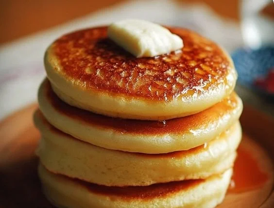 Stack of fluffy Japanese pancakes drizzled with syrup and topped with fruit.