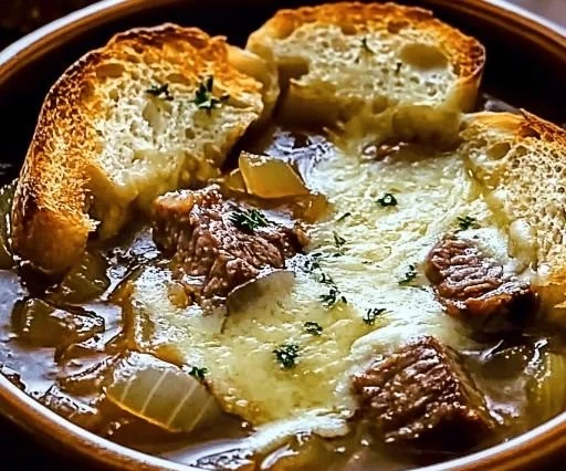 Delicious French Onion Short Rib Soup garnished with Gruyère Toast