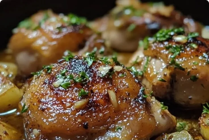 Delicious Garlic Braised Chicken Thighs served on a plate with herbs