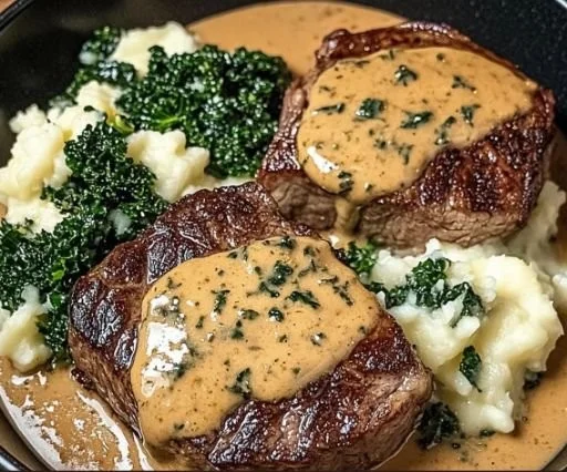 Savory Garlic Irish Steaks with whiskey cream sauce and colcannon on a plate.