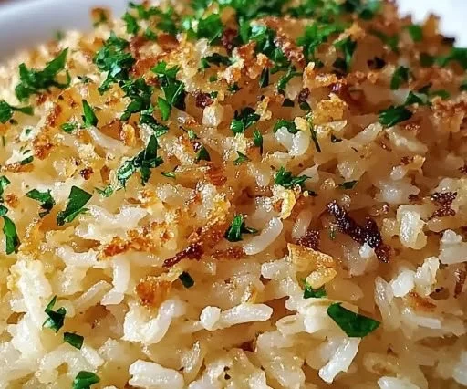 Creamy Garlic Parmesan Rice dish served with garnishes