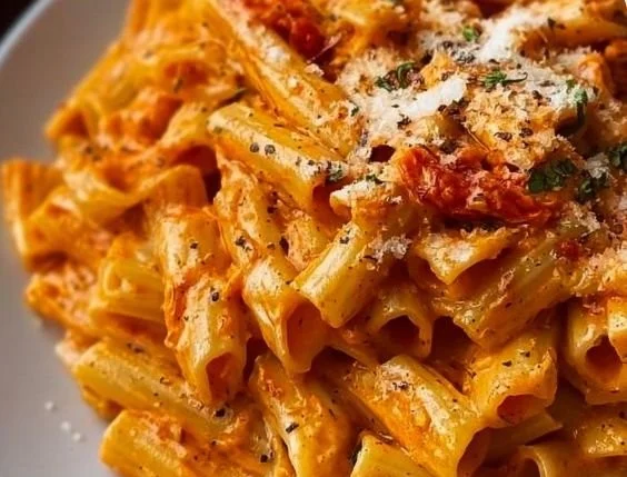 Gigi Hadid's famous spicy pasta garnished and ready to serve