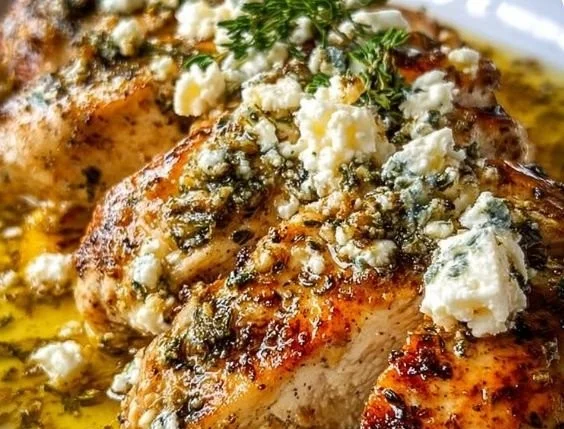 Greek chicken with lemon and feta served on a plate