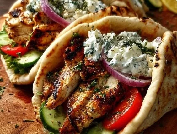 Delicious grilled Greek chicken gyros served with fresh vegetables and tzatziki sauce.