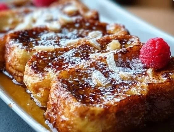 Delicious Hawaiian Roll French Toast Bake served with syrup and fruit